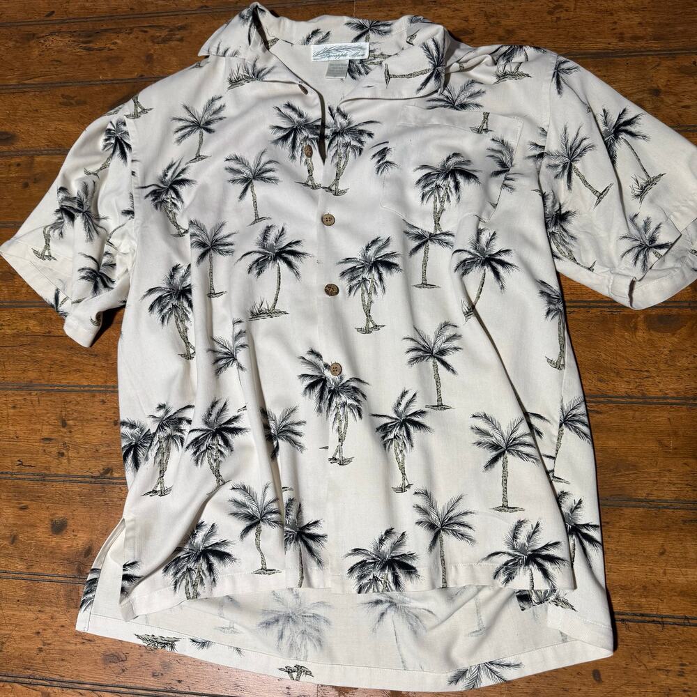 Pineapple Moon Men Silk Palm Tree Print Button Up Shirt Cream Herringbone Medium